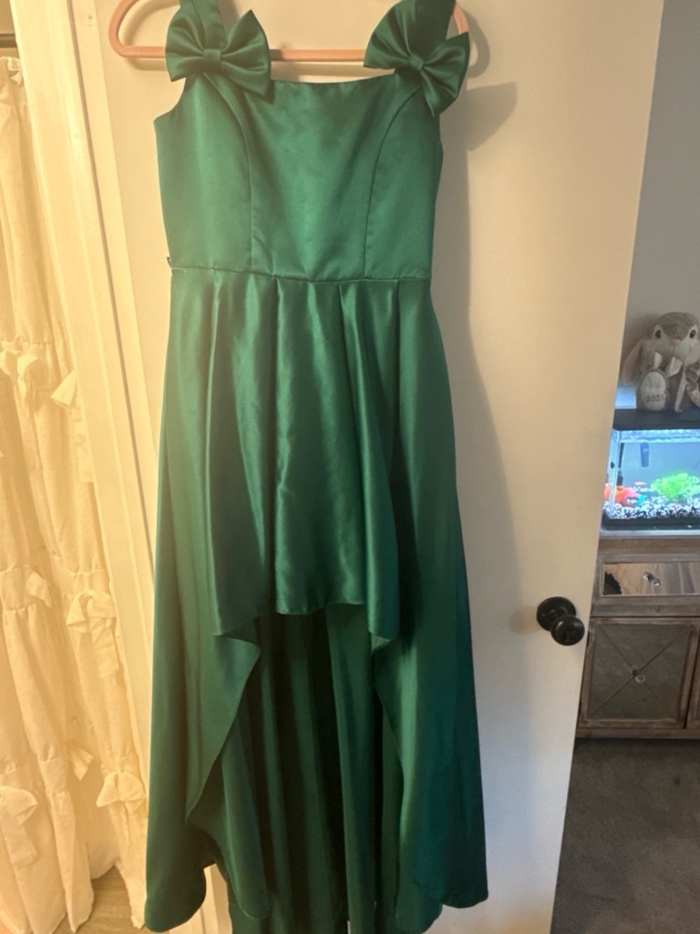 Emerald Green Bow Strap High-Low Evening Dress